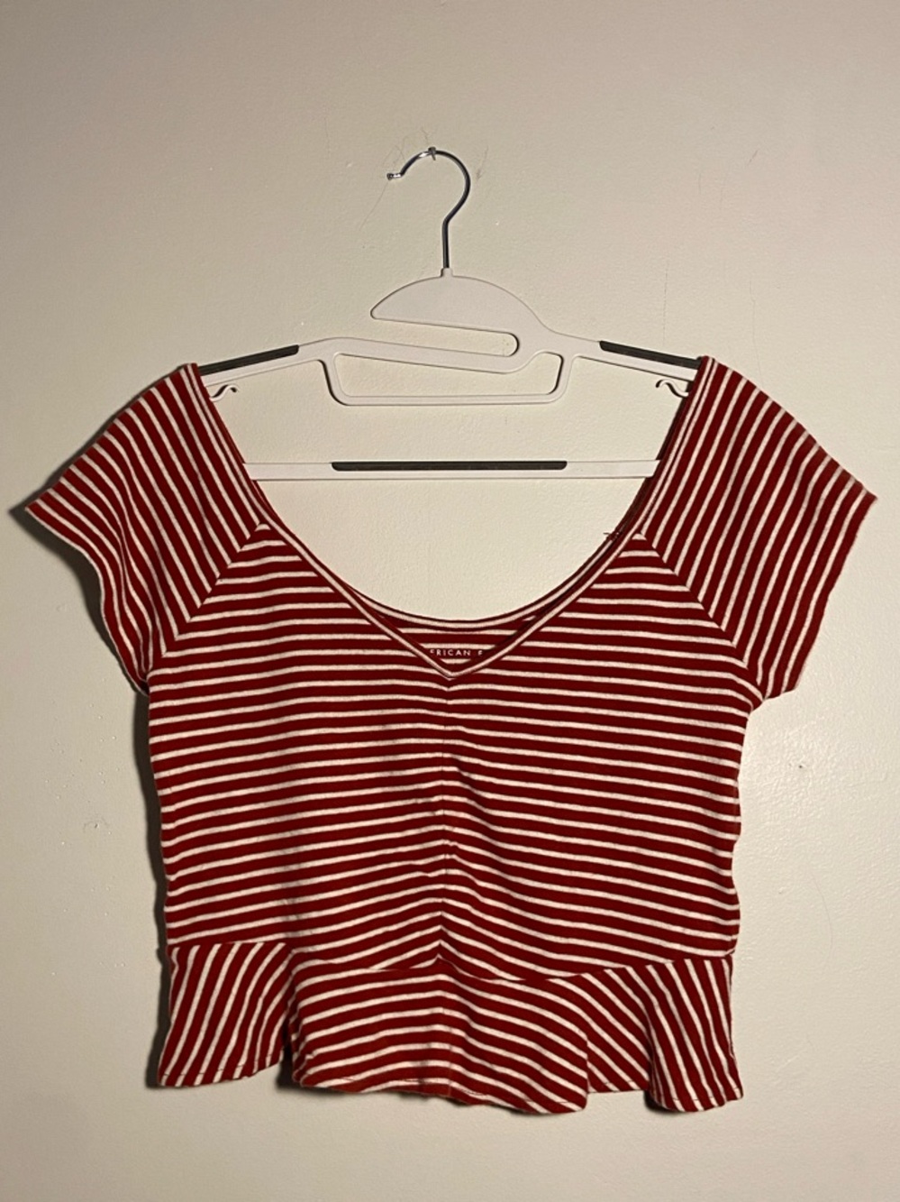American Eagle Outfitters Red and White Striped V-Neck Peplum Crop Top